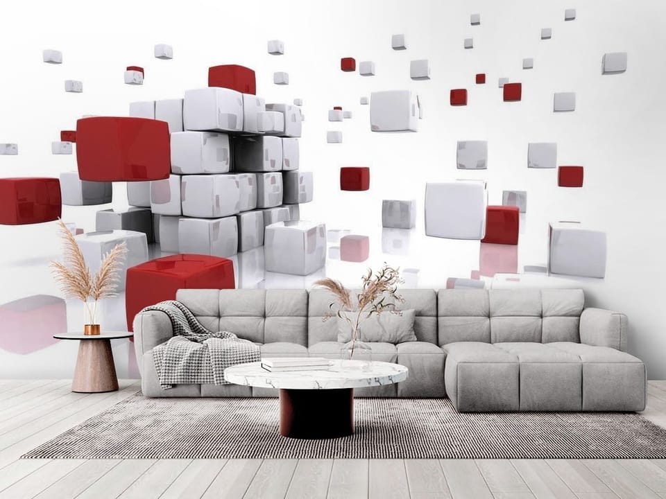 Fototapeta z czerwonymi i białymi sześcianami unoszącymi się w przestrzeni - elegancki salon w stylu minimalistycznym