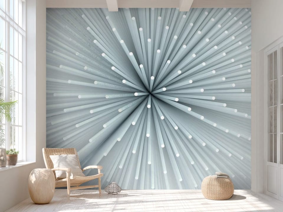 Fototapeta z koncentrycznymi białymi prętami na jasnym tle - aranżacja minimalistycznego przedpokoju