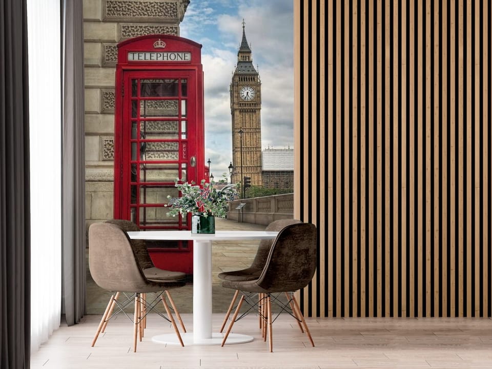 Fototapeta z czerwoną budką telefoniczną i wieżą zegarową w Londynie - luksusowa inspiracja do strefy jadalnianej w kuchni