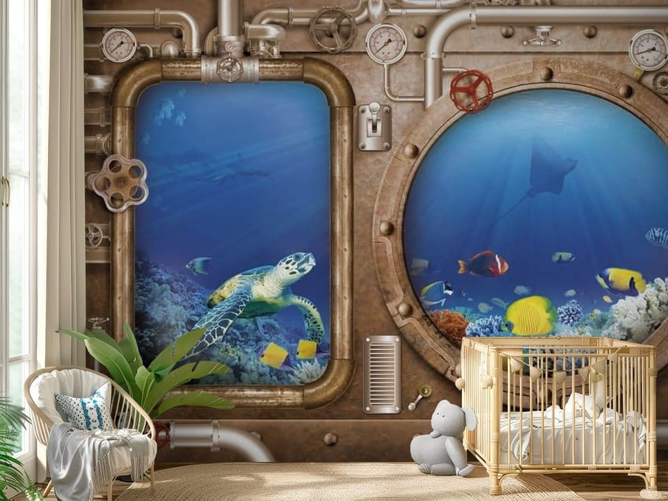 Fototapeta z trzema oknami na ocean, ryby, koralowce i rury - przytulny pokój dziecięcy
