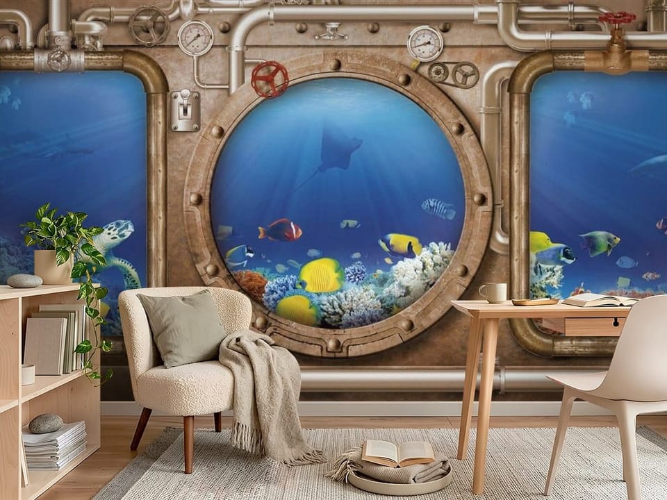 Fototapeta z trzema oknami na ocean, ryby, koralowce i rury - aranżacja w pokoju nastolatka