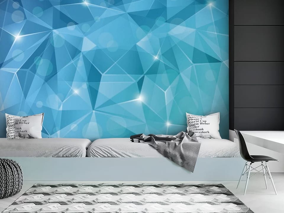 Fototapeta z geometrycznymi wzorami 3D, wielokąty i świetlne refleksy - nowoczesne wnętrze w pokoju nastolatka
