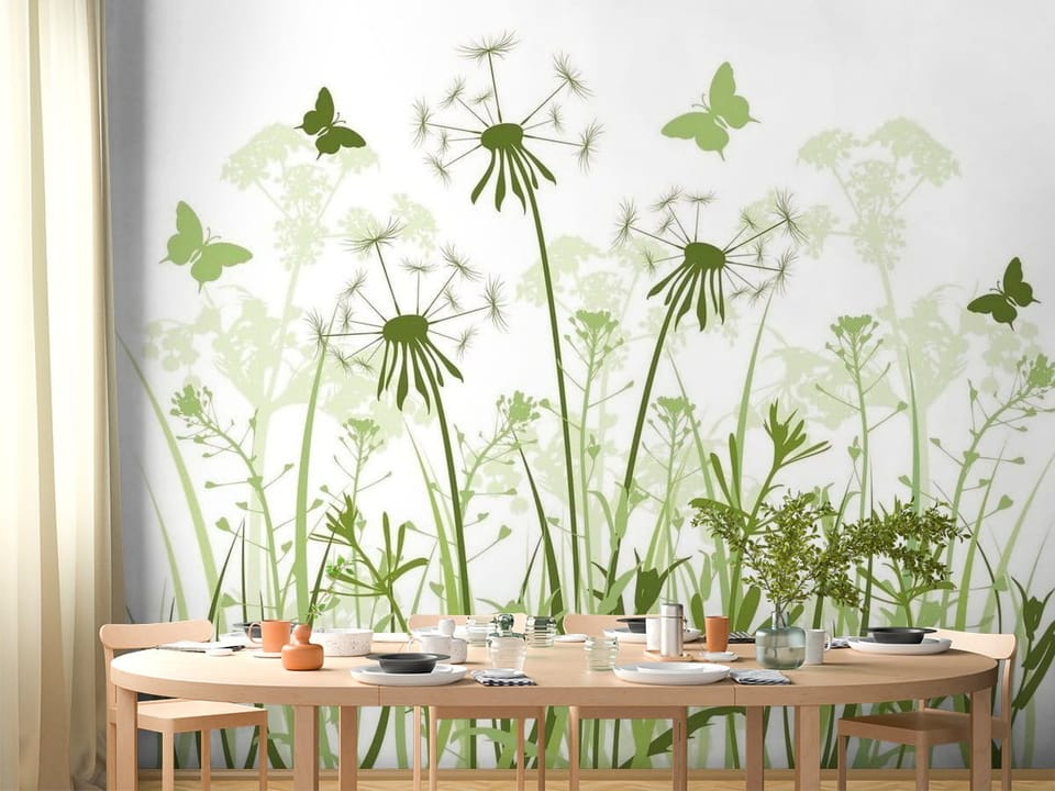 Fototapeta z dmuchawcami i trawami na jasnym tle, z motylami - pomysłowa aranżacja strefy jadalnianej w kuchni