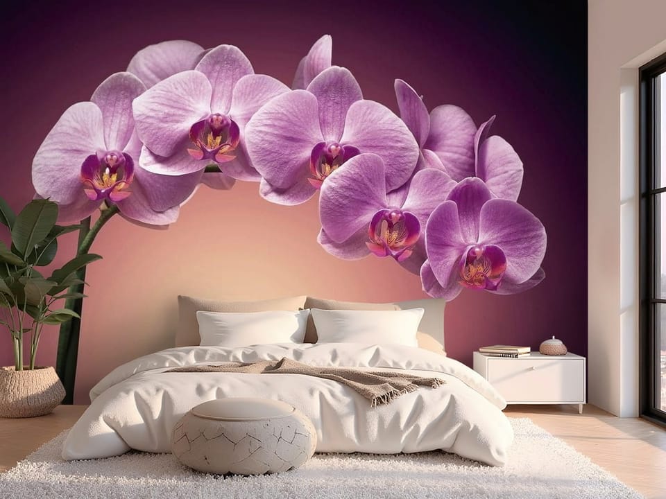 Fototapeta z fioletowymi orchideami na zielonej łodydze i ciemnym tle - ściana w nowoczesnej sypialni