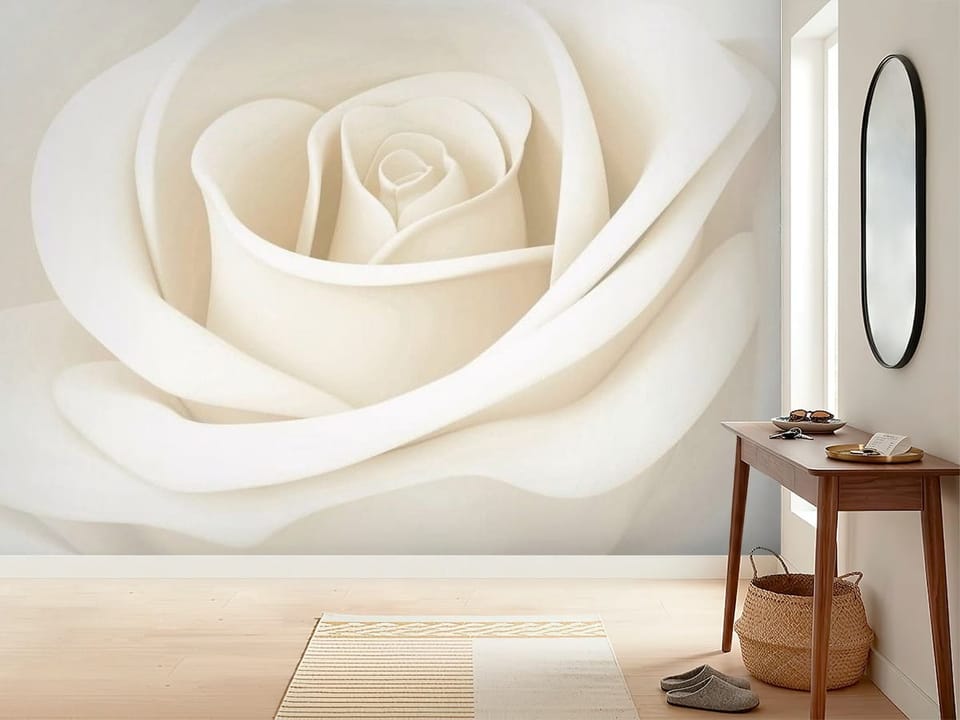 Fototapeta z dużym białym kwiatem róży i delikatnym cieniowaniem - inspiracji do minimalistycznego przedpokoju