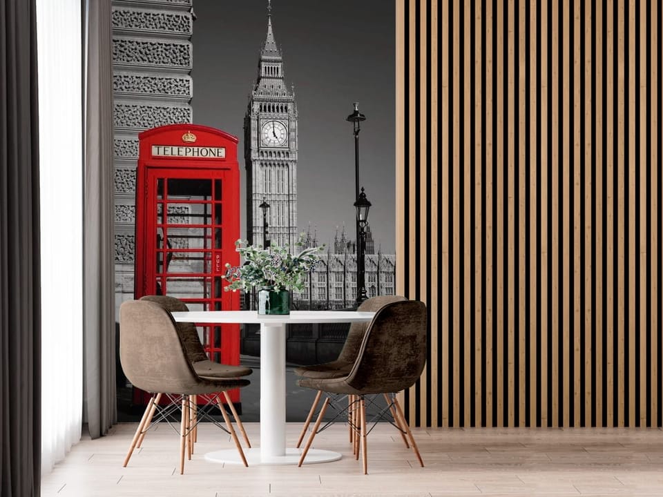 Fototapeta z czerwoną budką telefoniczną i wieżą zegarową w Londynie - luksusowa inspiracja do strefy jadalnianej w kuchni