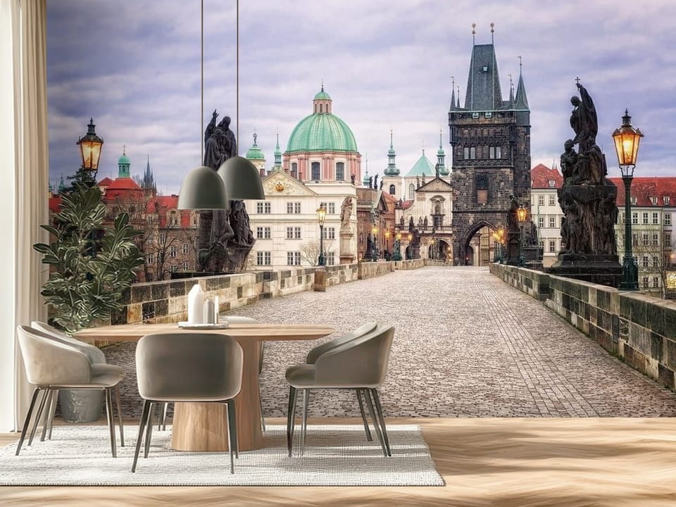 Fototapeta z kamiennym mostem, rzeźbami i wieżą w tle - ściana za stołem w nowoczesnej kuchni