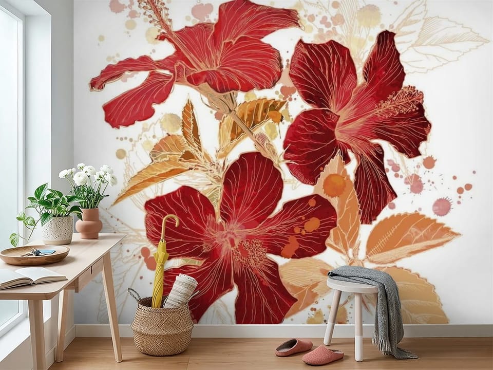 Fototapeta z czerwonymi kwiatami hibiskusa i jasnymi liśćmi - widok na ścianę w przedpokoju