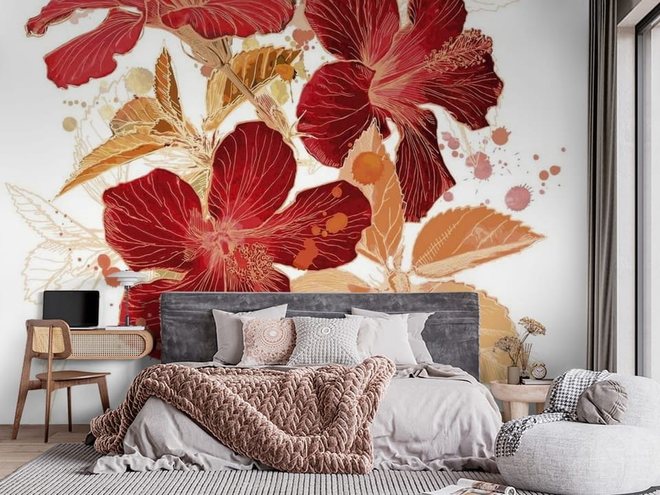 Fototapeta z czerwonymi kwiatami hibiskusa i jasnymi liśćmi - sypialnia w stylu klasycznym z dużym oknem