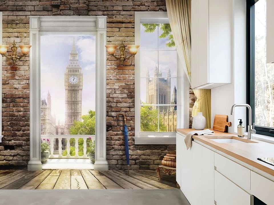 Fototapeta z widokiem na Big Ben przez okno w ceglanej ścianie - aranżacja nasłonecznionej kuchni