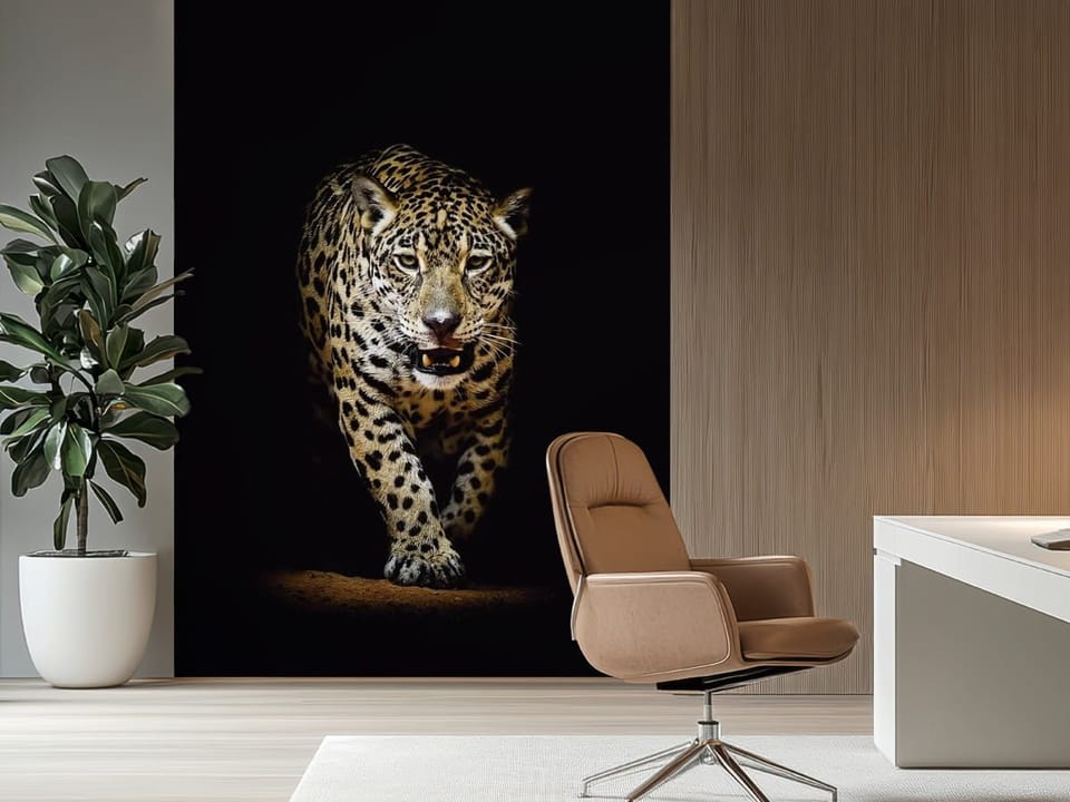 Fototapeta z jaguarem na ciemnym tle, oświetlony zwierzę, ziemia pod łapami - aranżacja nowoczesnego biura
