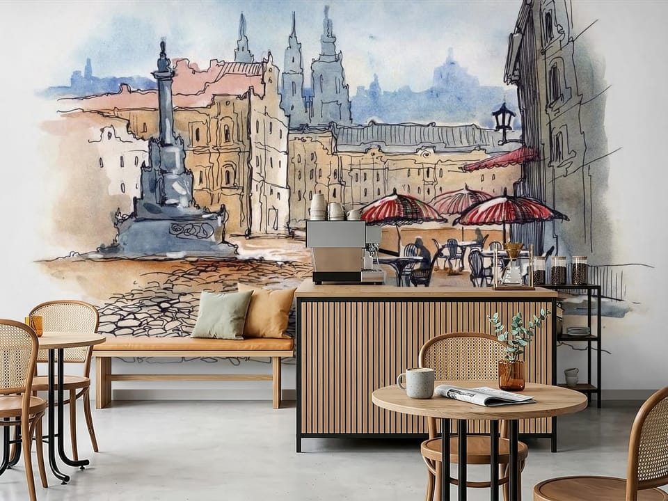 Fototapeta przedstawiająca plac z kamiennym pomnikiem, czerwonymi parasolami i budynkami w tle. - inspiracja do nowoczesnej kawiarni