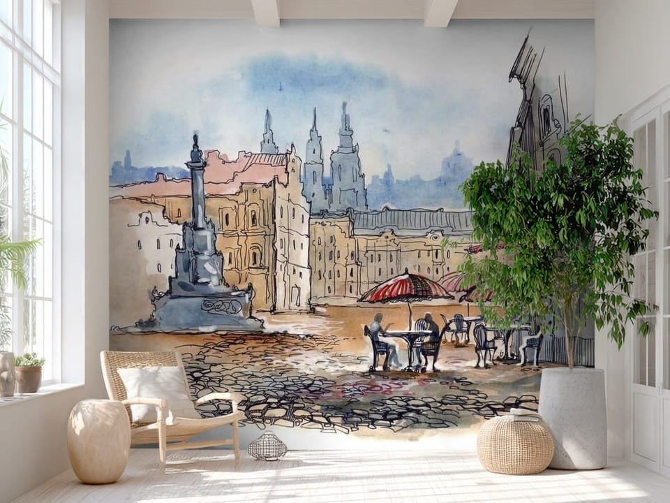 Fototapeta przedstawiająca plac z kamiennym pomnikiem, czerwonymi parasolami i budynkami w tle. - aranżacja minimalistycznego przedpokoju