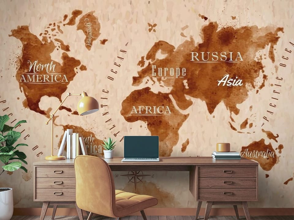 Fototapeta z mapą świata w stylu vintage, kontynenty w odcieniach brązu - biurko w pokoju nastolatka