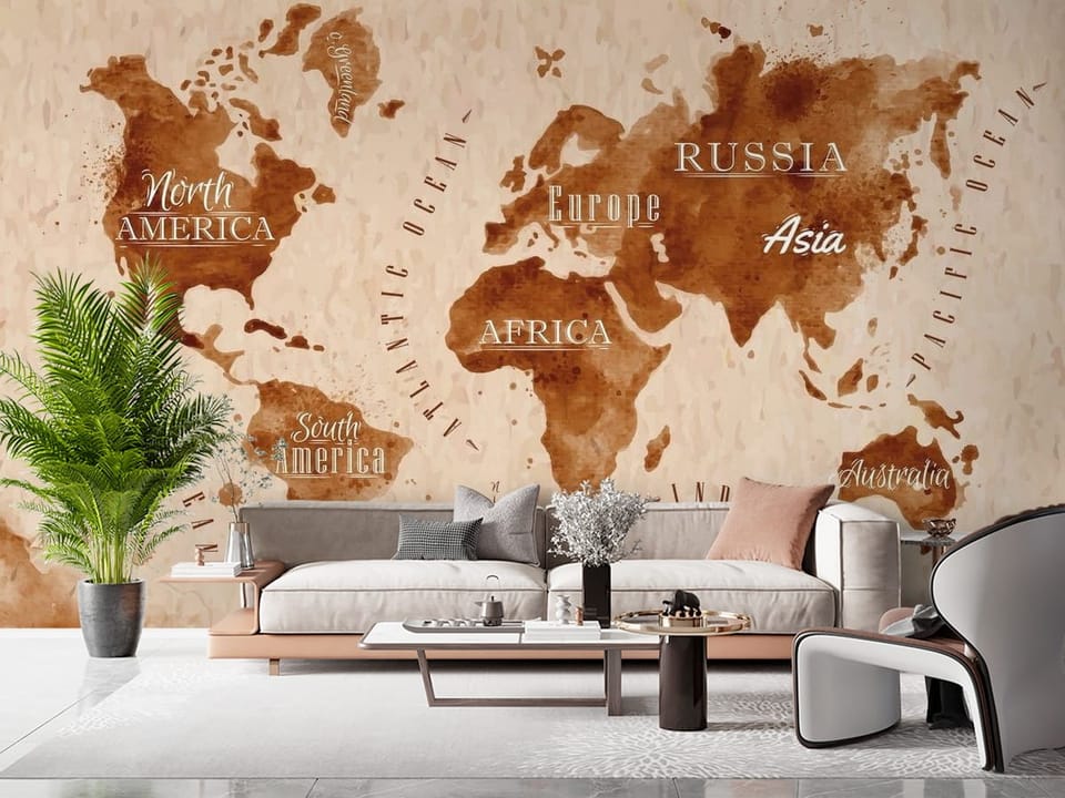 Fototapeta z mapą świata w stylu vintage, kontynenty w odcieniach brązu - przytulny i nasłoneczniony salon