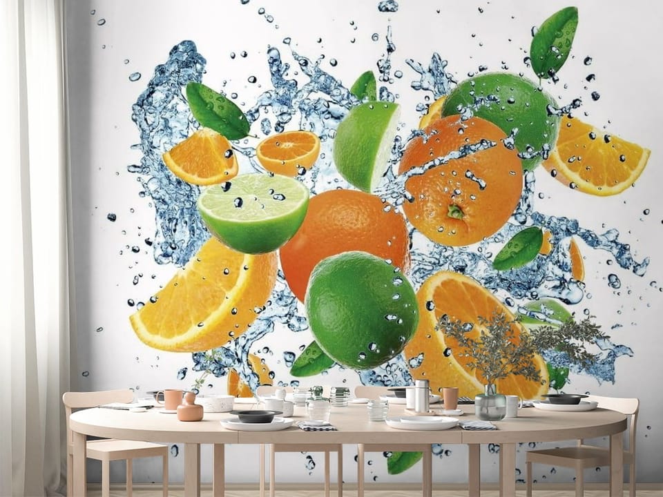 Fototapeta z cytrusami – pomarańcze i limonki w rozpryskach wody na białym tle - aranżacja ściany w kuchni