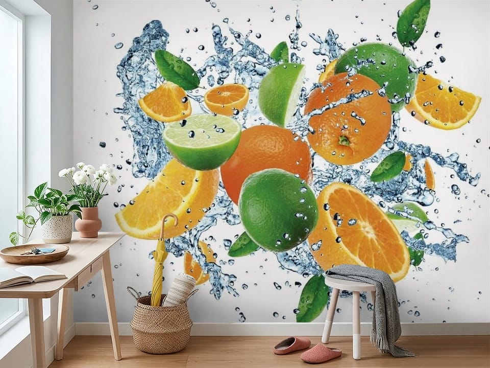 Fototapeta z cytrusami – pomarańcze i limonki w rozpryskach wody na białym tle - widok na ścianę w przedpokoju