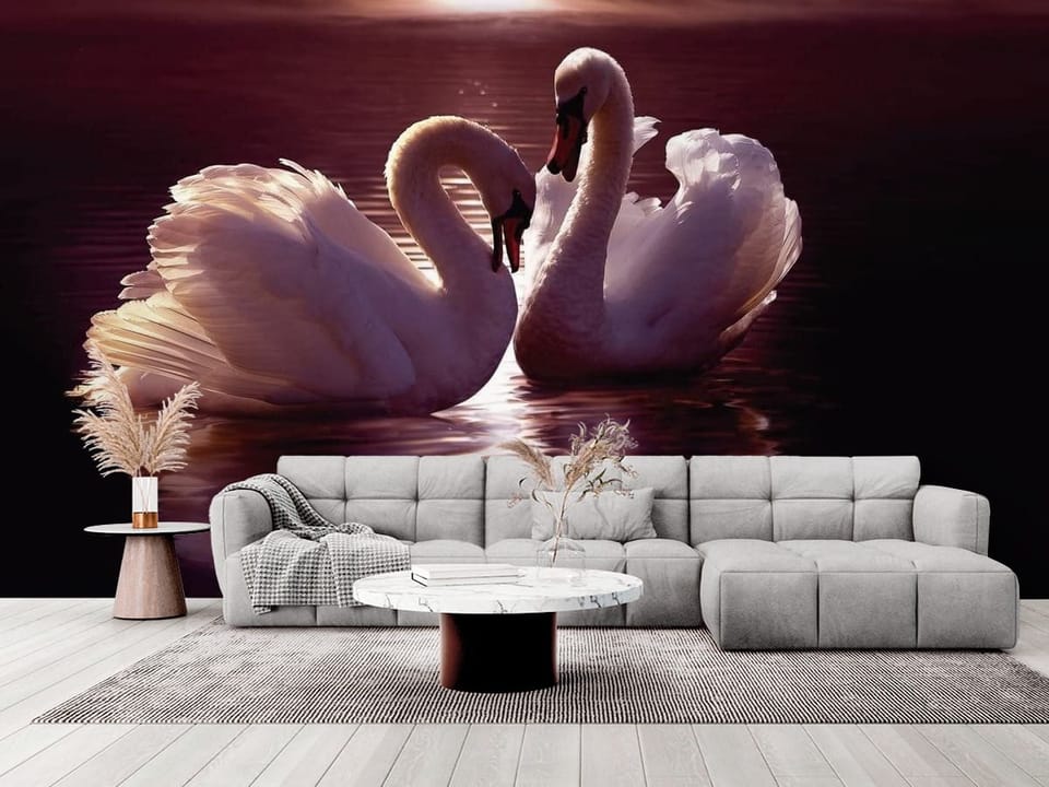 Fototapeta z dwoma łabędziami na wodzie przy zachodzie słońca - elegancki salon w stylu minimalistycznym
