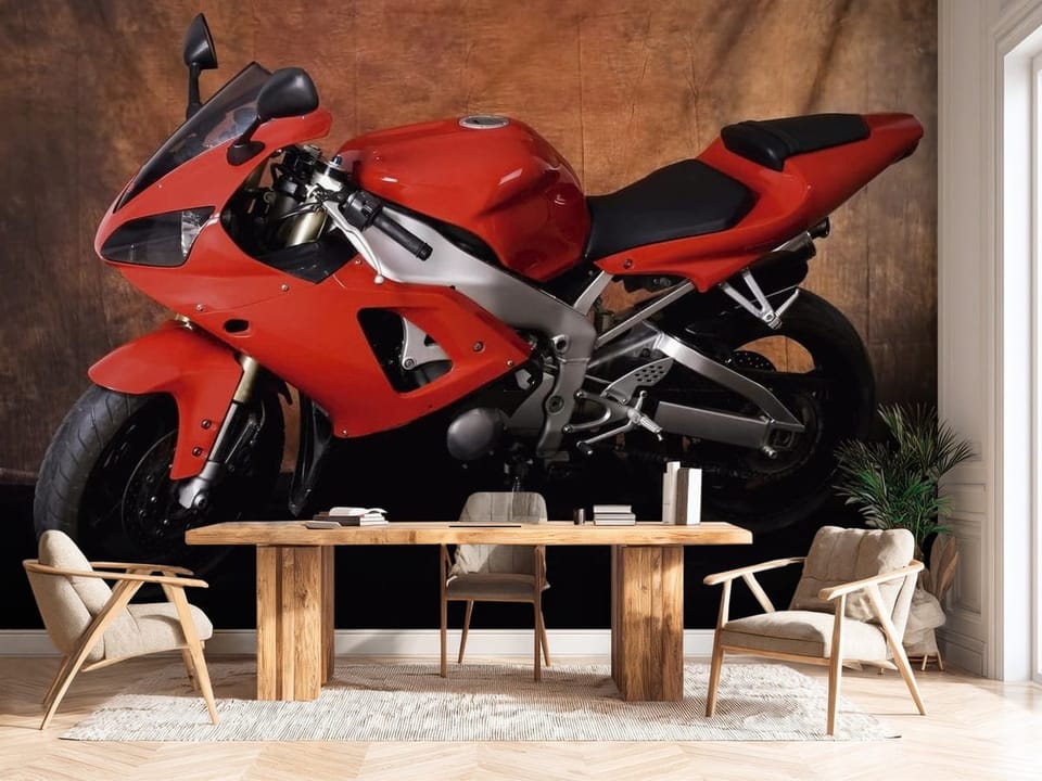 Fototapeta z czerwonym motocyklem sportowym na brązowym tle - ściana w biurze za dużym biurkiem