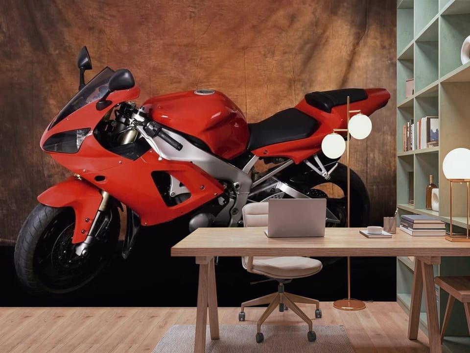 Fototapeta z czerwonym motocyklem sportowym na brązowym tle - piękna aranżacja w biurze