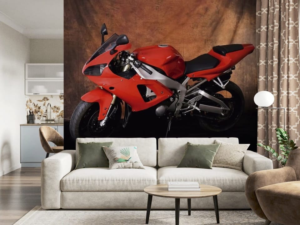 Fototapeta z czerwonym motocyklem sportowym na brązowym tle - ściana akcentowa w pięknym salonie