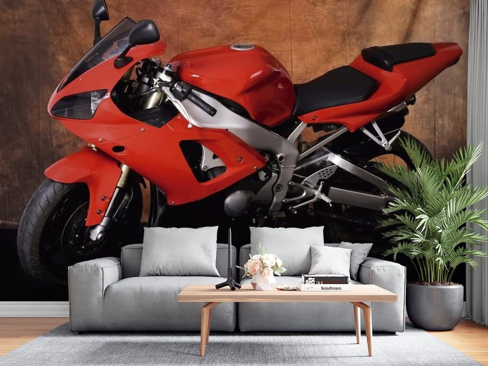 Fototapeta z czerwonym motocyklem sportowym na brązowym tle - salon z tradycyjnymi meblami w jasnych kolorach