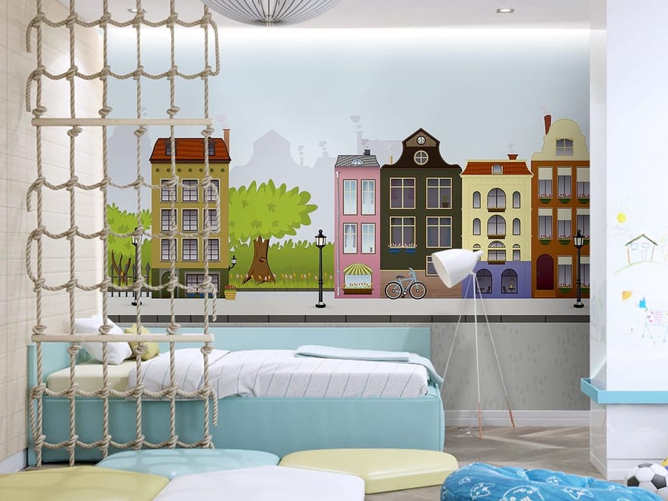 Fototapeta Kolorowe kamienice w spokojnej okolicy we wnętrzu pokoju nastolatka