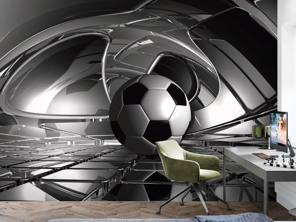 Fototapeta z piłką nożną na metalowej powierzchni z geometrycznymi kształtami - aranżacja w minimalistycznym pokoju nastolatka