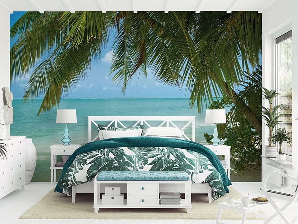 Fototapeta Plaża z palmami i oceanem we wnętrzu sypialni