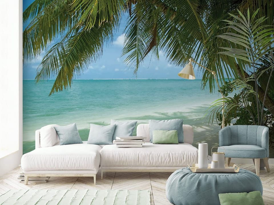 Fototapeta Plaża z palmami i oceanem we wnętrzu salonu