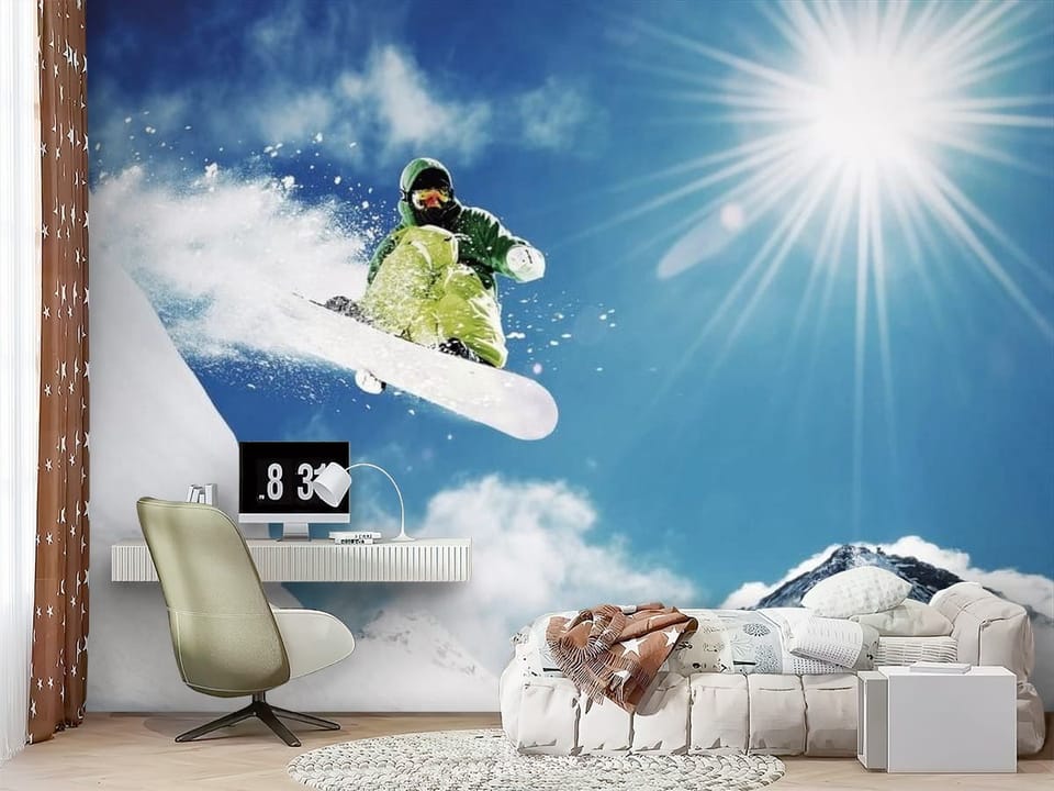 Fototapeta z snowboardzistą w zielonym stroju na tle gór - nowoczesna aranżacja w pokoju nastolatka