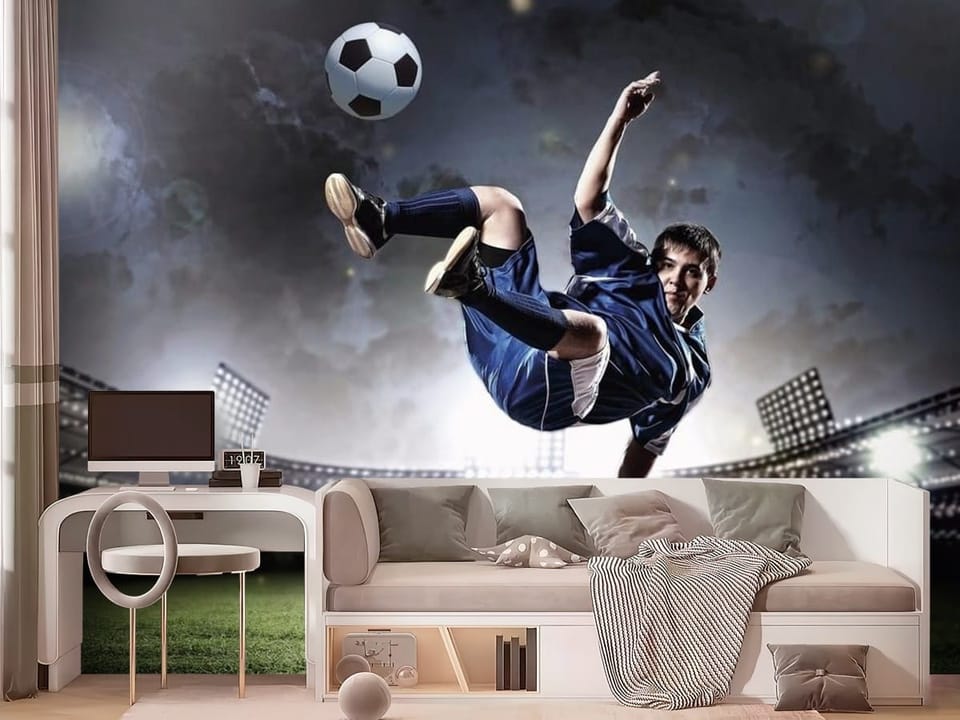 Fototapeta z piłkarzem w niebieskim stroju na tle stadionu - nowoczesny pokój nastolatka