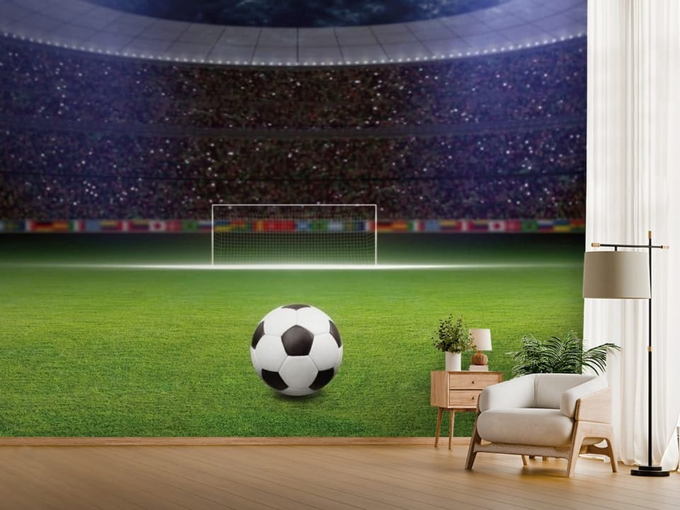 Fototapeta z piłką nożną na murawie stadionu z trybunami i bramką - jasny przedpokój w stylu minimalistycznym