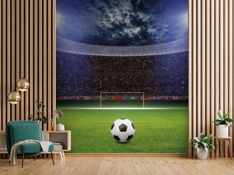 Fototapeta z piłką nożną na murawie stadionu z trybunami i bramką - aranżacja w przedpokoju w połączeniu z lamelami ściennymi