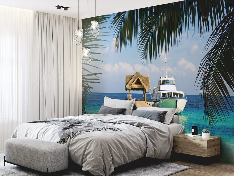 Fototapeta Relaks na molo z łodzią we wnętrzu sypialni