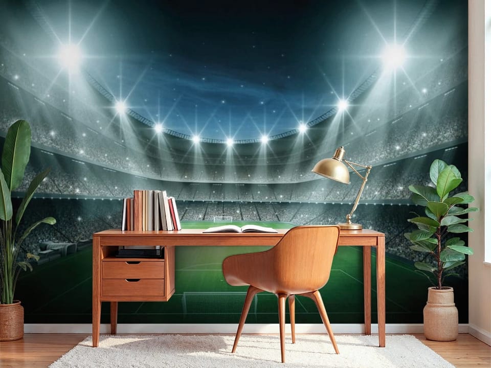 Fototapeta z oświetlonym stadionem piłkarskim nocą i trybunami - przytulne biurko w pokoju nastolatka