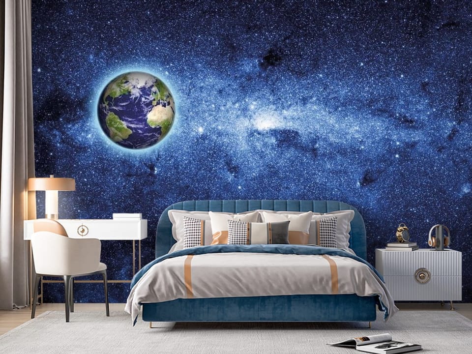 Fototapeta z planetą Ziemia w przestrzeni kosmicznej z gwiazdami i mgławicą - ściana w nowoczesnym pokoju nastolatka