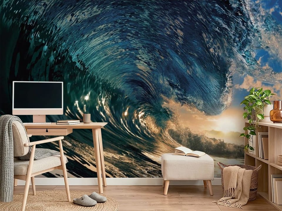 Fototapeta z wielką falą oceaniczną, błyszczącą wodą i zachodzącym słońcem - ściana w minimalistycznym pokoju nastolatka