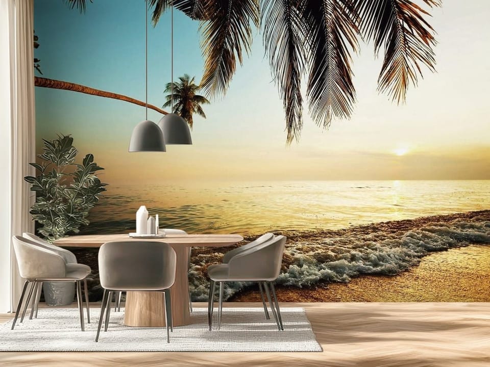 Fototapeta z palmami, spokojnym morzem i zachodem słońca na plaży - ściana za stołem w nowoczesnej kuchni