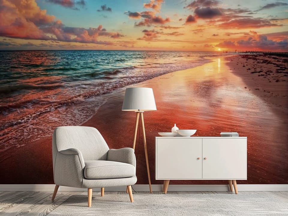 Fototapeta z plażą o zachodzie słońca, fale oceanu i mokry piasek - elegancki przedpokój z efektowną dekoracją ścienną