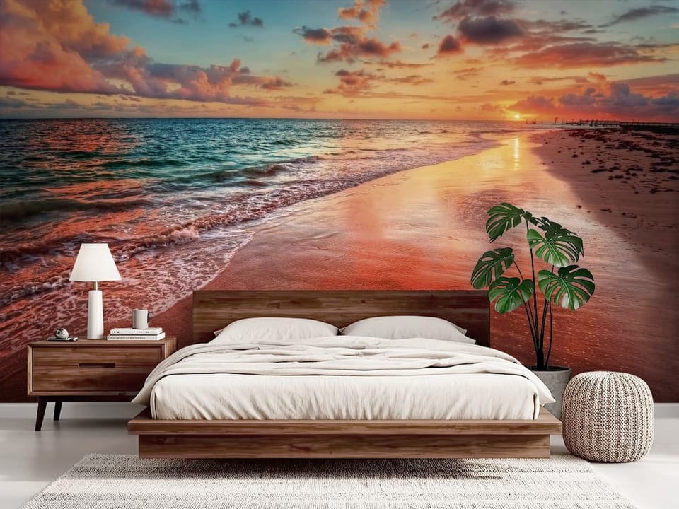 Fototapeta z plażą o zachodzie słońca, fale oceanu i mokry piasek - sypialnia boho z łóżkiem drewnianym