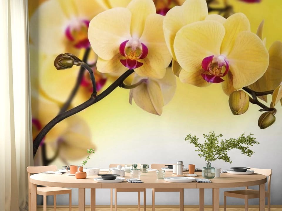 Fototapeta z żółtymi kwiatami orchidei na ciemnej gałązce - pomysłowa aranżacja strefy jadalnianej w kuchni