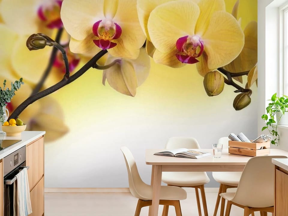 Fototapeta z żółtymi kwiatami orchidei na ciemnej gałązce - widok na ścianę w jasnej kuchni