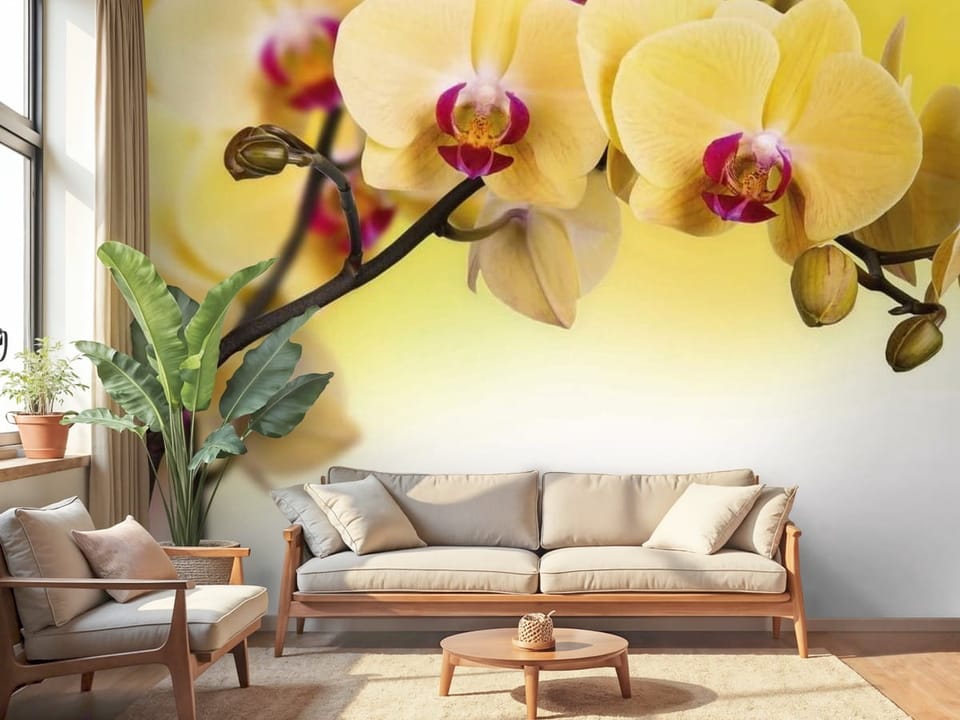 Fototapeta z żółtymi kwiatami orchidei na ciemnej gałązce - piękna aranżacja w salonie