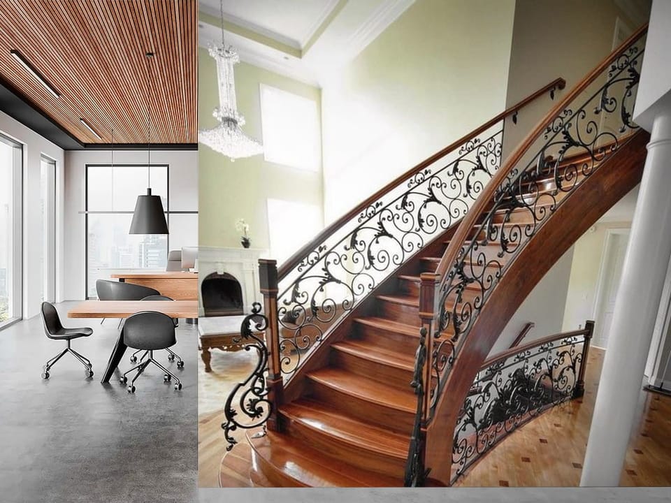 Fototapeta przedstawiająca drewniane kręcone schody z ozdobną balustradą i jasną podłogą. - ściana akcentowa w biurze