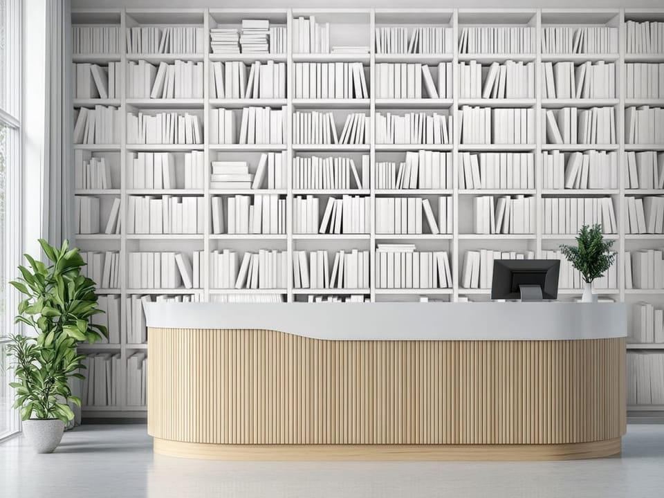Fototapeta przedstawiająca białą biblioteczkę z książkami ustawionymi pionowo i poziomo. - aranżacja za ladą recepcyjną w biurze