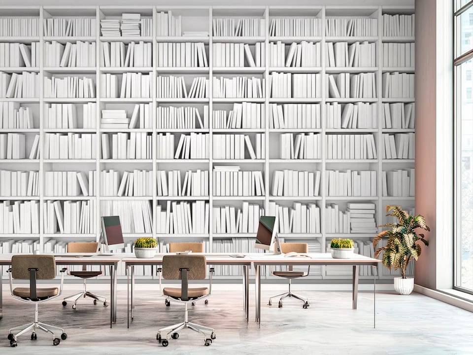 Fototapeta przedstawiająca białą biblioteczkę z książkami ustawionymi pionowo i poziomo. - ściana w dużym biurze