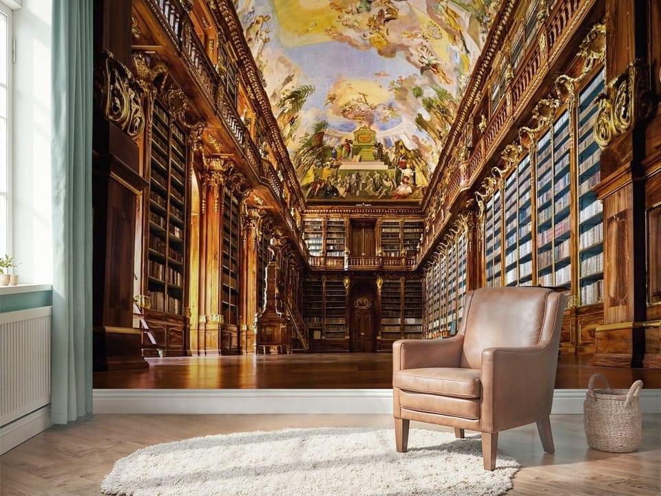 Fototapeta przedstawiająca bibliotekę z regałami pełnymi książek i freskami na suficie - aranżacja przedpokoju