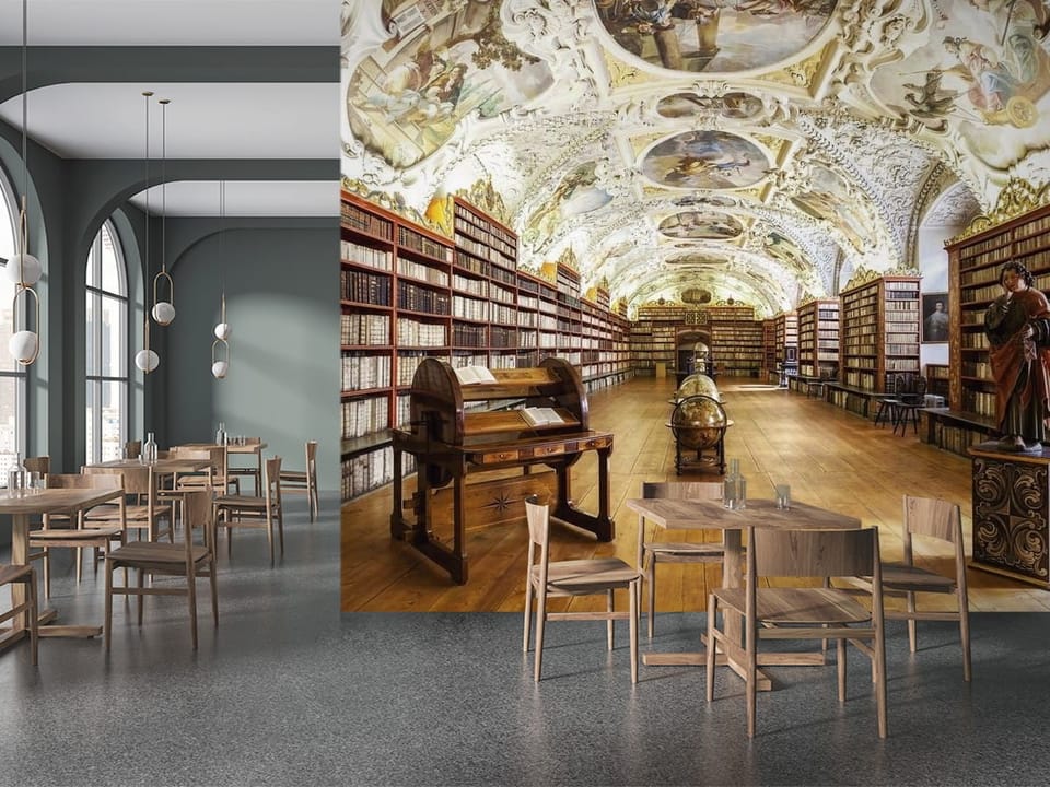 Fototapeta przedstawiająca bibliotekę z freskami, regałami i globusami - ściana w przytulnej kawiarni