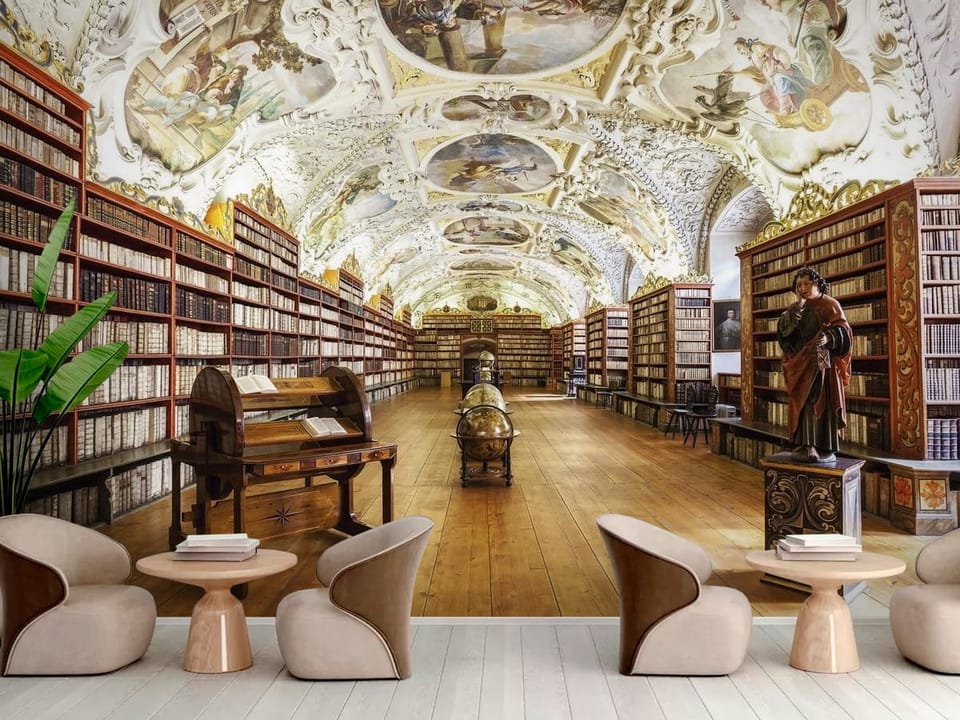 Fototapeta przedstawiająca bibliotekę z freskami, regałami i globusami - widok na ścianę w nowoczesnej kawiarni